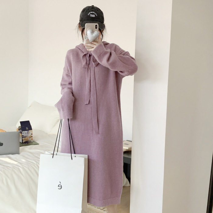韓国版のゆったりしたワンピースの女性は秋冬に帽子のニットの洋気毛群の底のシャツのセーターのスカートのコートを厚くします。|undefined