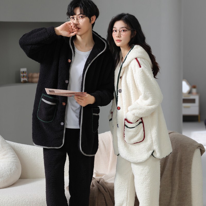 Couple pajamas coral fleece women's suit autumn and winter thickened polar fleece pajamas Korean casual hooded homewear men