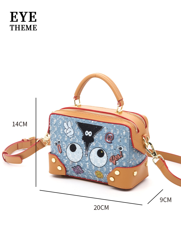 Color contraste de dama lienzo denim bordado bolso de hombro adorable diseño de nicho cremallera inclinada 2705#