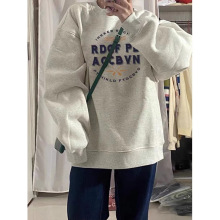 美式感白灰色圆领卫衣女秋冬宽松显瘦百搭情侣复古风加绒百搭上衣