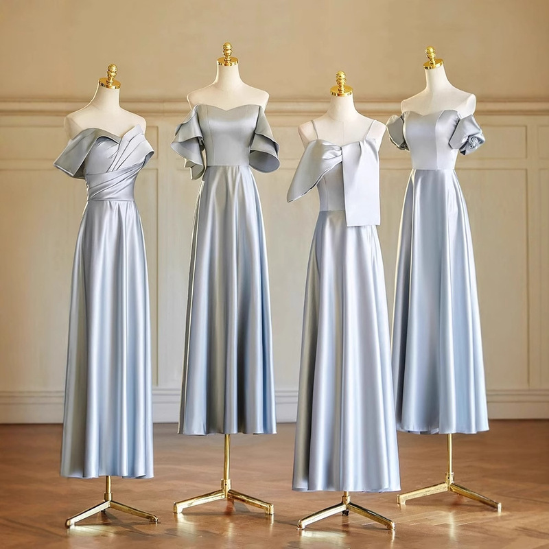 Summer Wedding Bridesmaid Dress for Women, Gray, Simple and Unique Satin Style, Suitable for Annual Parties, Can Be Worn Casually, Sister Group Bridesmaid Gown
