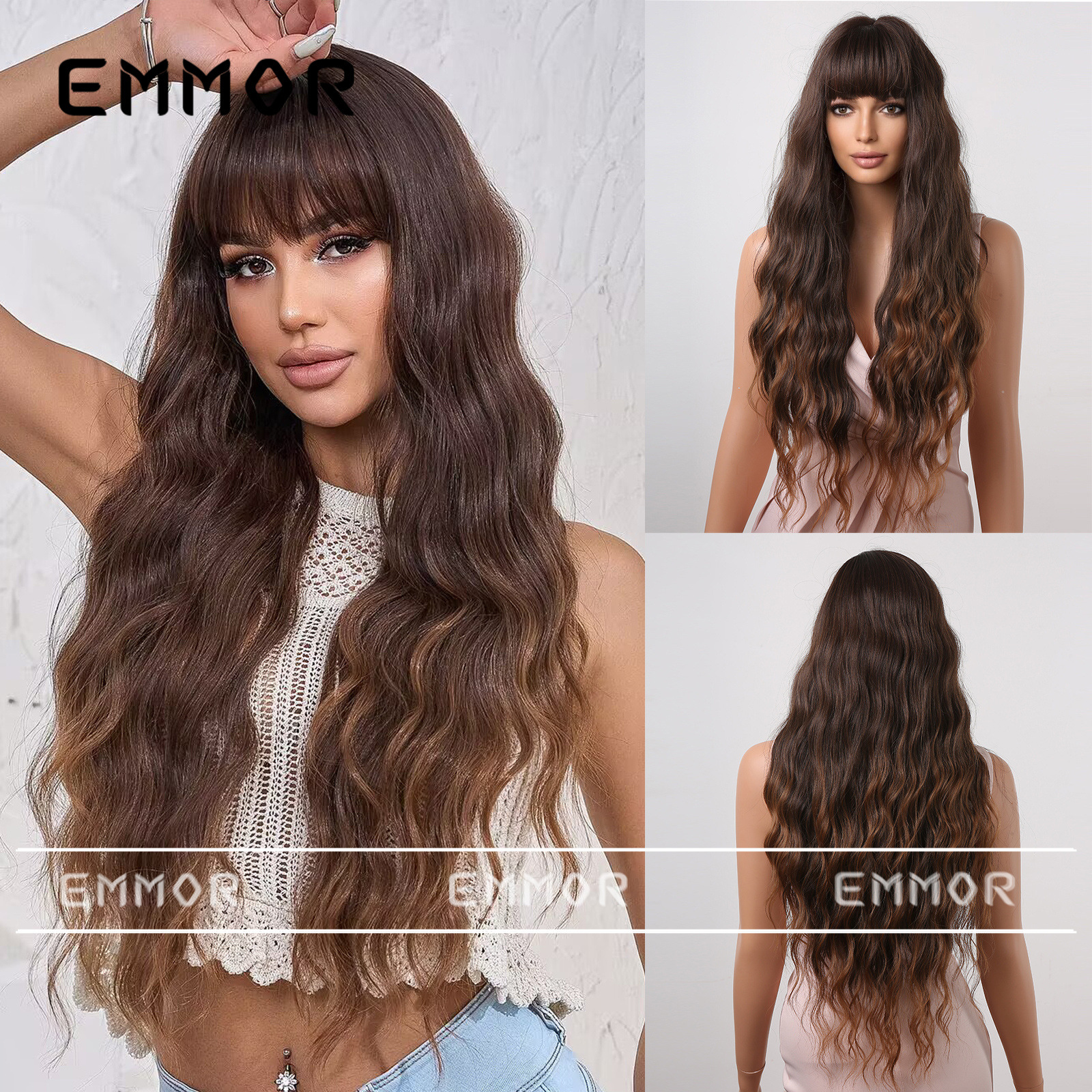 Estilo europeo y americano gradiente marrón recto flequillo lana rizado largo pelo rizado moda elegante seda de alta temperatura fibra química peluca cabeza cubierta