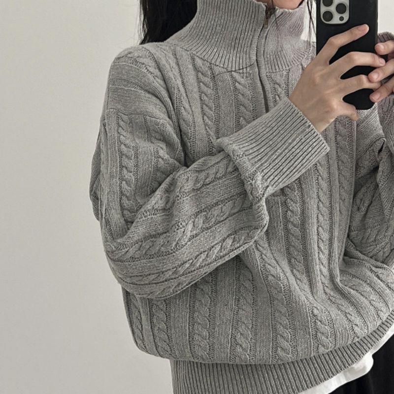 South Korea Chic Autumn and Winter Thick Knitted Top Women's Retro Twist Half Zipper Lazy All-match Short Sweater Jacket