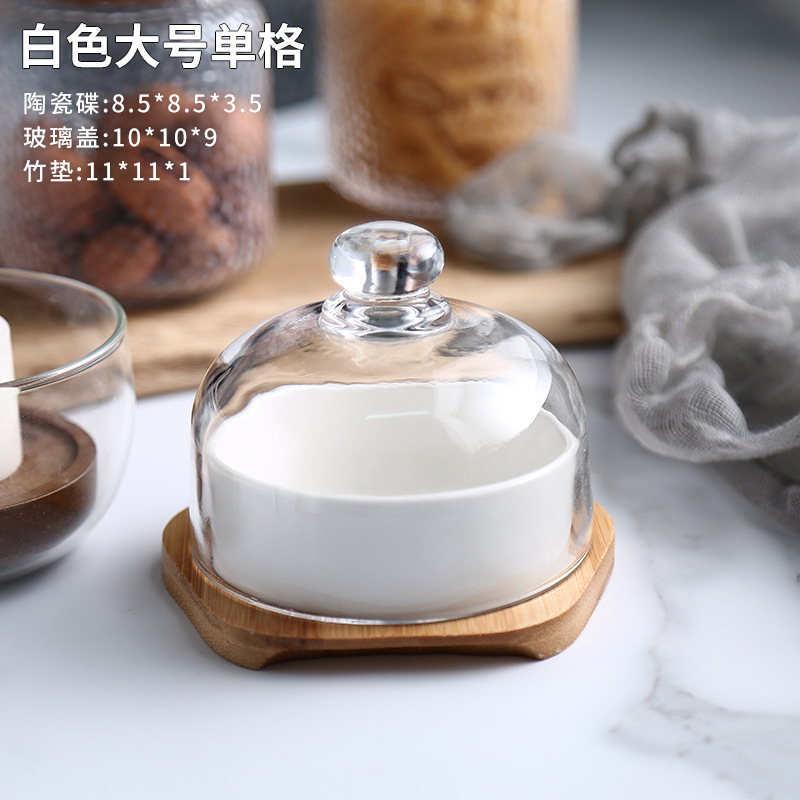 Plato de bocadillos de cerámica creativo con cubierta de vidrio, té de la tarde, postre, tazón de horneado, plato de refrigerio casero, plato de fruta seca