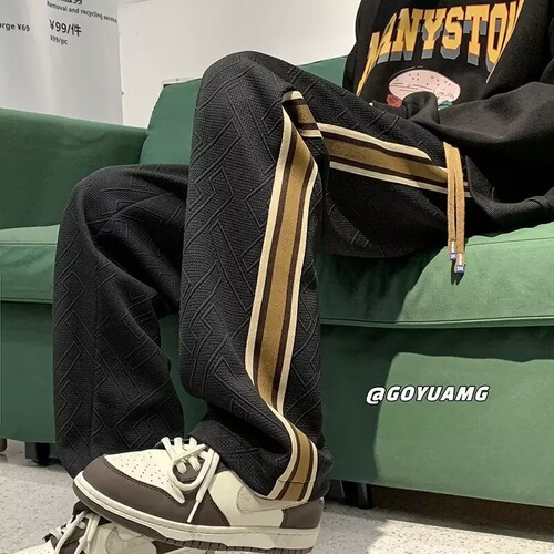 Side-striped pants, Instagram-style trendy brand wide-leg casual pants, mid-to-low waist straight-leg slightly stretchy loose-fit for teenagers, with embroidered logo.