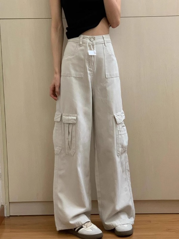 沙白色阔腿牛仔工装裤女秋季新款美式复古宽松显瘦休闲直筒长裤子|undefined
