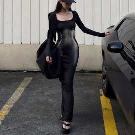 跨境春秋新款街头风抽象方领长袖连衣裙女收腰显瘦紧身包臀长裙子