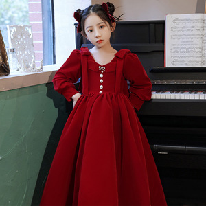红色礼服2025秋季新款儿童公主裙花童婚礼小女孩主持人钢琴演出服