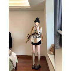 美式复古学院风早秋慵懒休闲小个子穿搭针织衫女条纹开衫毛衣外套