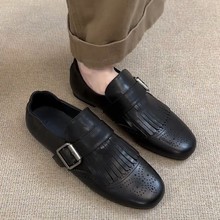 现货~流苏刺绣平底乐福鞋女2025新款黑色百搭小皮鞋皮带扣单鞋