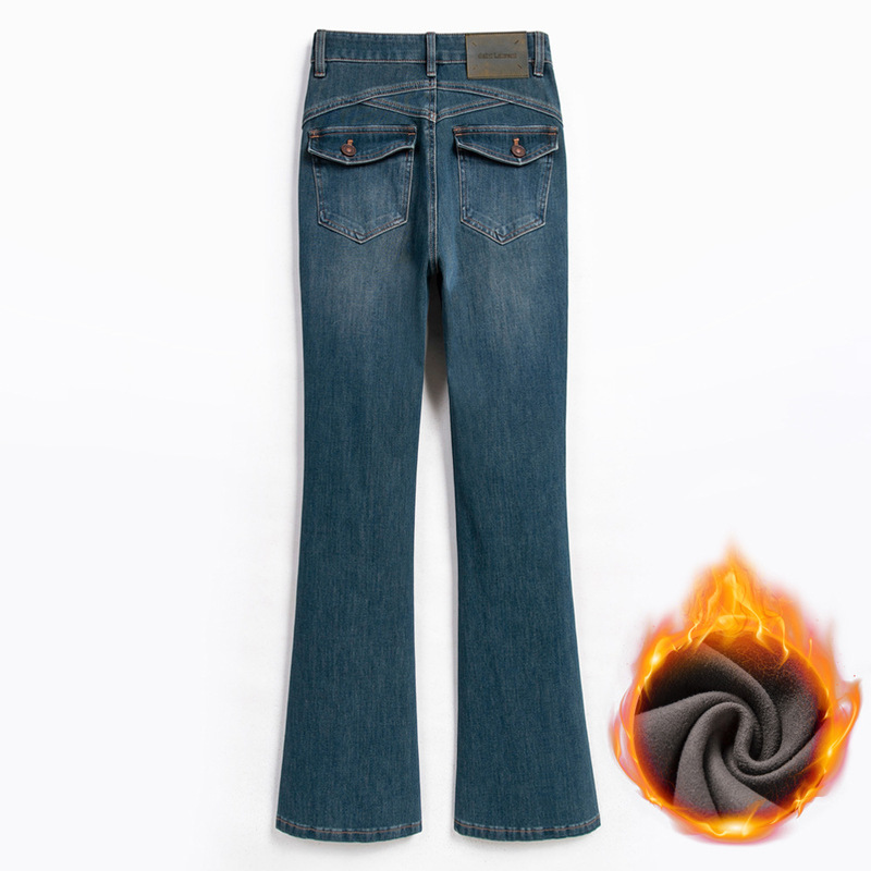 Exquisite and Elegant/Winter New Style Flared Jeans for Women, High-Waisted, Slim-Fit, Deep Dark Green Long Pants
