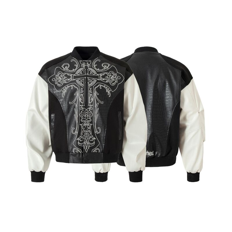 Restarall High Street Dark Style Cross Embroidery Baseball Jacket for Men with Color-Block Sleeves and Crocodile Pattern Pu Leather Jacket Rw07