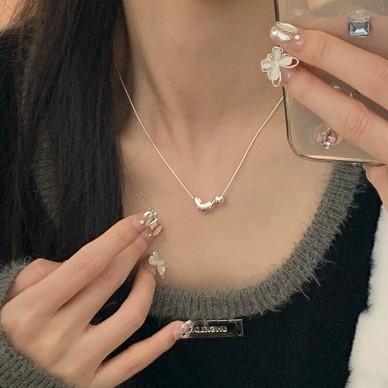 S925 スターリングシルバー ラブ ビーズ ネックレス コールド スタイル ミニマリスト ネックレス デイリー 韓国 バレンタインデー ギフト ガールフレンドへ|undefined