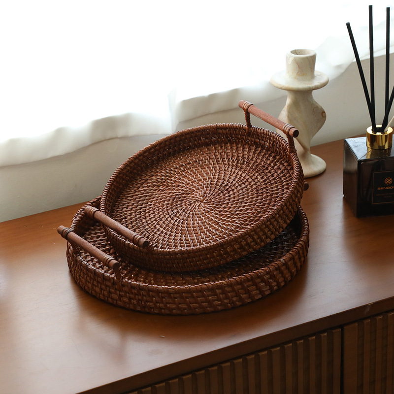 Rattan Tea Tray Autumn Rattan Woven Fruit Basket Living Room Nut Tea Tray Restaurant Round Bread Food Storage Box