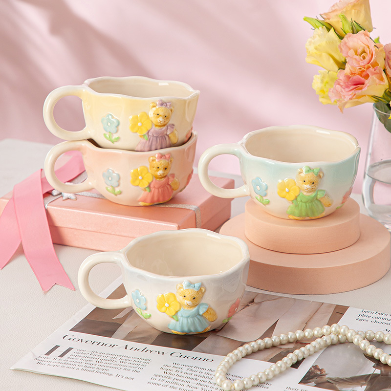 陶瓷花花熊ins韩风手捏陶瓷马克杯奶黄不规则燕麦早餐杯咖啡杯