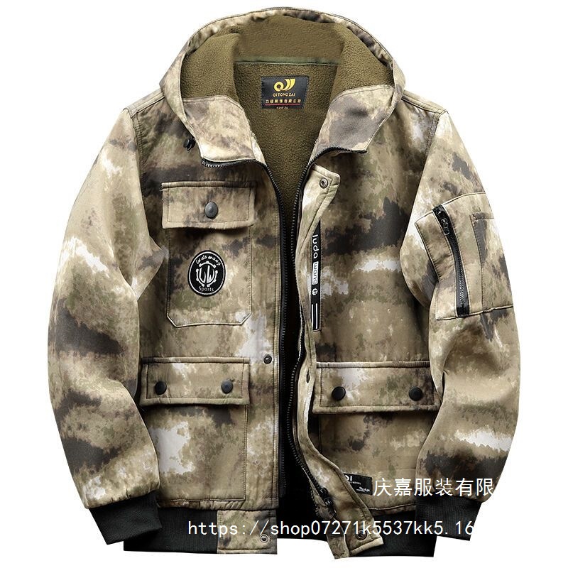 Men's winter fleece-lined camouflage suit, waterproof and thickened workwear, men's work jacket, wholesale