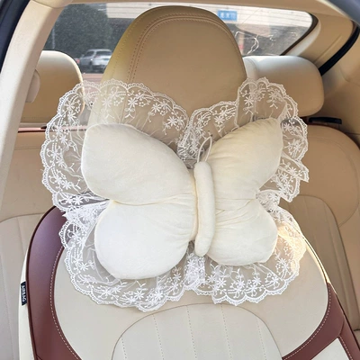 Waist support Lumbar Support Creative Car Pillow - plush-butterfly-headrest-white