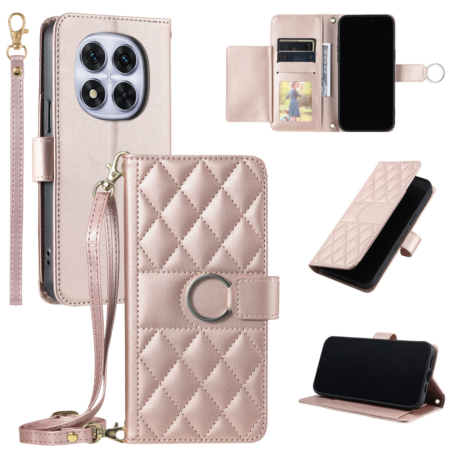 For Red Rice note14pro Chanel Style Crossbody Card Case Xiaomi Rhomboid Card Flip Cover Leather Case
