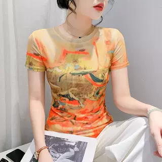 欧货欧货2024夏季时尚纱网印花定位花短袖圆领修身显瘦洋气上衣潮