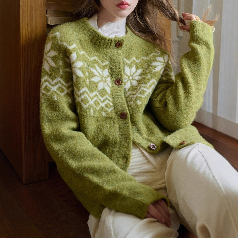 Norwegian Forest Wool Loop Yarn Fair Isle Sweater Women's Autumn Lazy Style Sweater Jacket