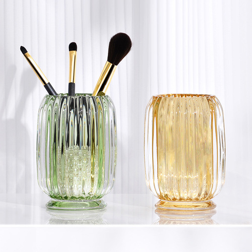 Light luxury striped transparent glass storage box makeup brush bucket desktop storage box high-value pen holder hydroponic vase