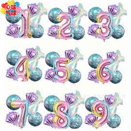 6件/套美人鱼鱼尾圆球数字铝膜气球套装美人鱼主题生日派对装饰