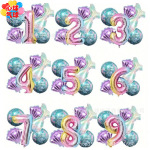 6件/套美人鱼鱼尾圆球数字铝膜气球套装美人鱼主题生日派对装饰