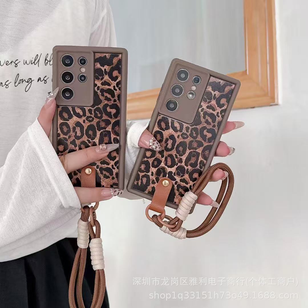 Casual Leopard Print Lanyard Suitable for Samsung S25Ultra Mobile Phone Case S24/23 Anti-Fall Cover A55/S54 Soft A05 Trendy