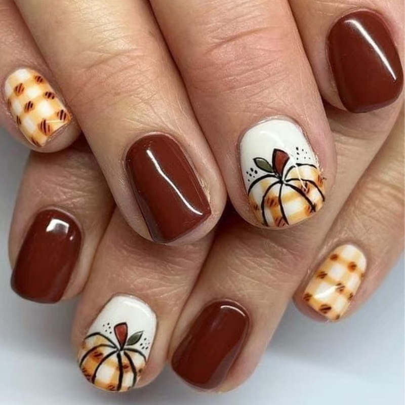 Thanksgiving Plaid Pumpkin Autumn Coffee Color Short Square Wearable Manicure Nails Cute Style Export and Bracket