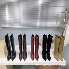 小众2025秋冬简易真皮尖头细跟高跟高筒骑士靴直筒不过膝长靴女