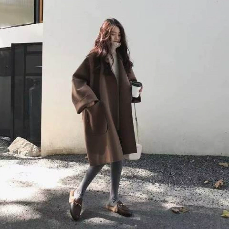 Длинный демисезонный тренч, шерстяное пальто, куртка, корейский стиль, большой размер, для подростков, свободный крой, средняя длина