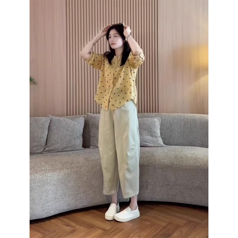 女性のための夏の新鮮な服装 2025 新しいカジュアル水玉シャツトップスルーズワイドレッグパンツ年齢軽減スーツ|undefined
