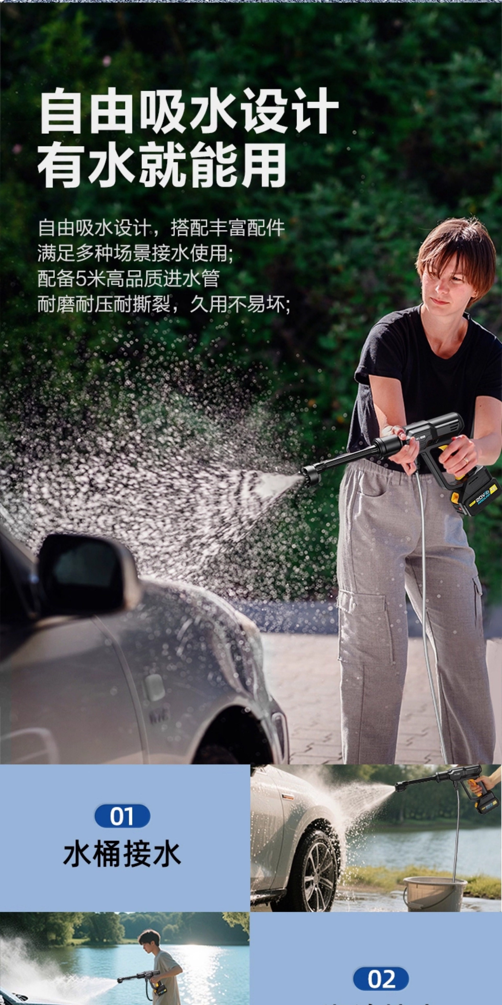 Deli Wireless Car Washing Machine High-Pressure Water Gun for Home and Car Cleaning Lithium Battery Rechargeable Booster Water Gun