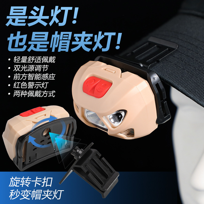 USB charging induction headlight outdoor riding night fishing LED waving induction cap clip light red emergency light bait light