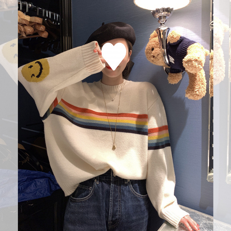 Smiley Face Sweater for Women, Loose and Age-Reducing, Playful Round Neck Knit Top, Versatile Color-Block Pullover Base Shirt for Autumn and Winter