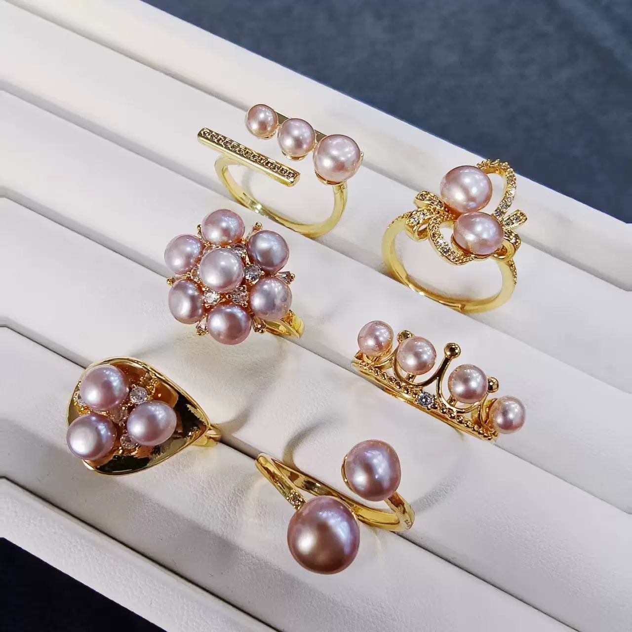 皇冠镶钻优雅个性开口戒指天然紫色珍珠百搭时尚轻奢叠戴简约指环