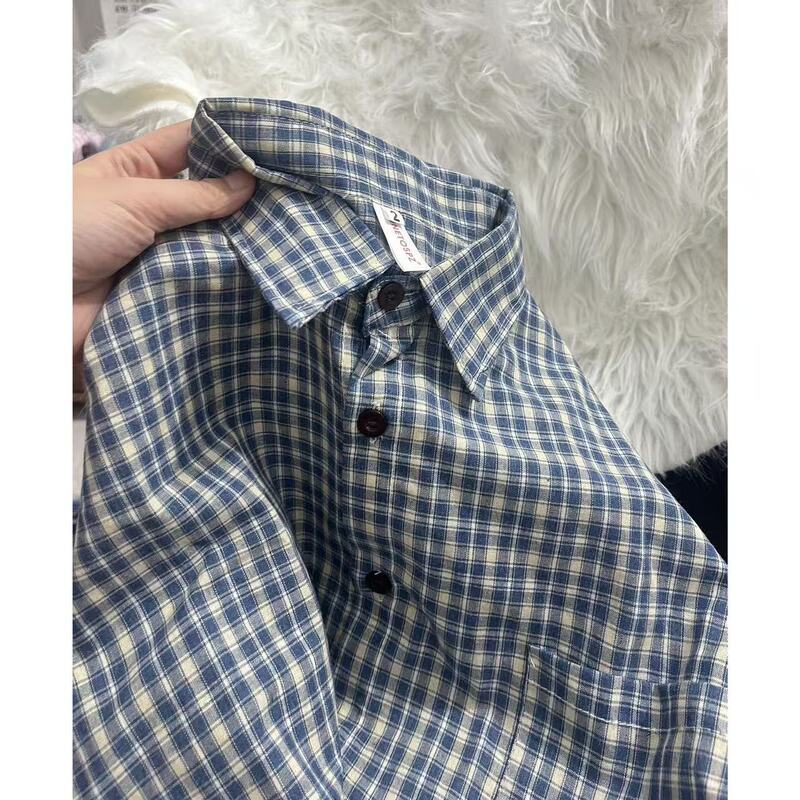轻奢复古格子衬衫女上衣春秋款外套打底内搭叠穿小衫格纹衬衣外穿|undefined