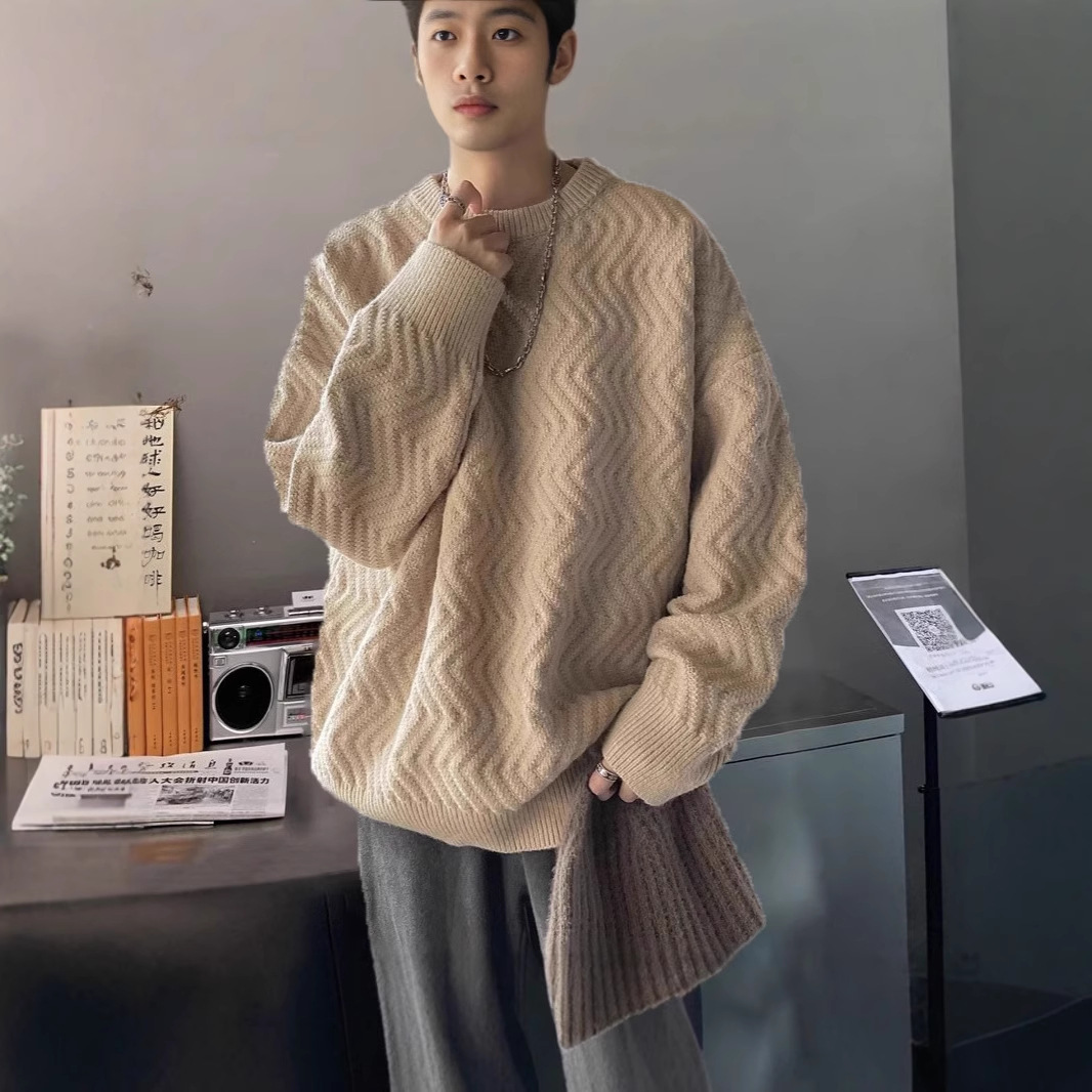 圆领套头毛衣男潮牌美式小众波浪针织衫ins港风情侣宽松打底线衣