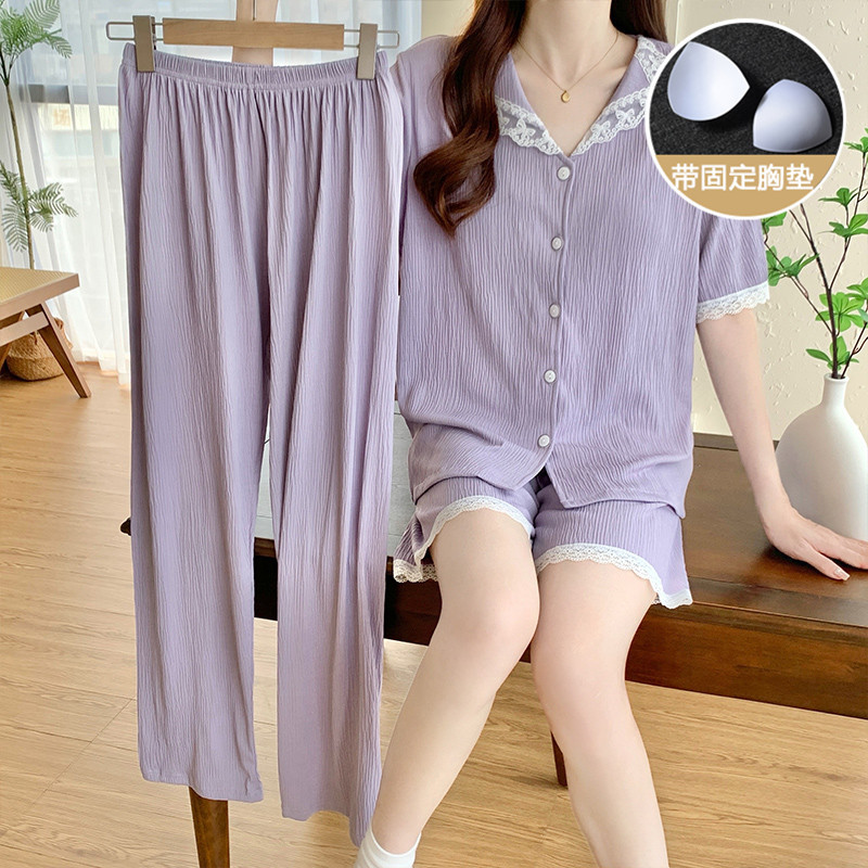 Taro púrpura gasa pijamas de verano de las mujeres de manga corta de algodón puro con almohadilla en el pecho de la primavera y el otoño de alto grado desgaste del hogar traje de tres piezas