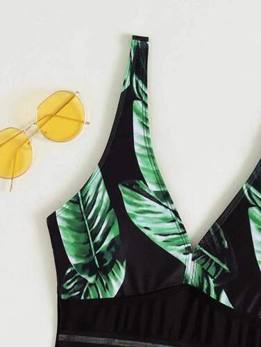  European and American New Leaf Print Striped Flat-Bottom Bodysuit Swimsuit Cross-border Foreign Trade