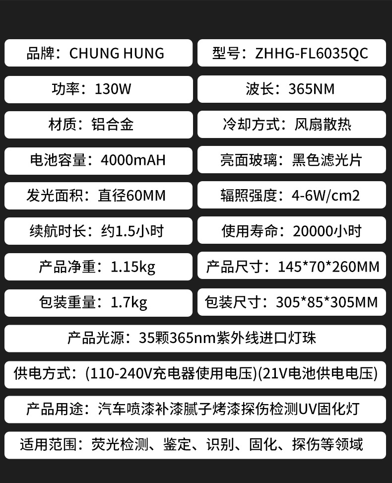 365Nm Handheld Uv Lamp for Automotive Paint Touch-Up, Putty Sheet Metal Inspection, and Paint Defect Detection, Rechargeable