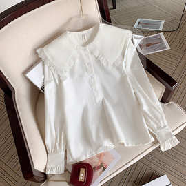春秋新款甜美系白色长袖衬衫少女感娃娃领开衫设计感小众别致上衣