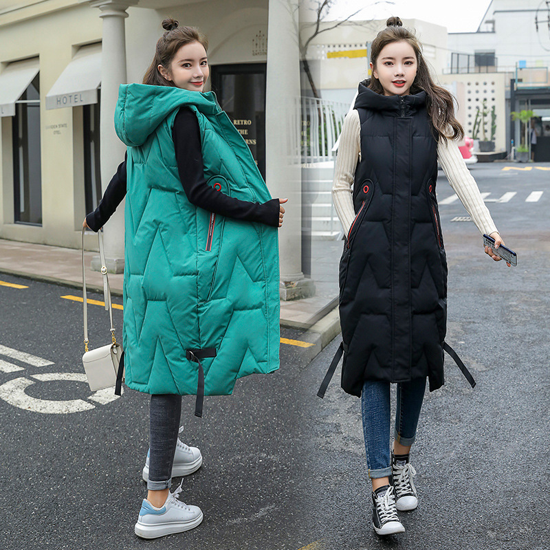 AliExpress Down Cotton-padded Jacket Long Vest Women's Autumn and Winter New Fashion Hooded Korean Casual Vest Jacket
