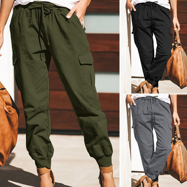 Spot European and American Amazon Women's Solid Color Casual Fashion Pocket Lace-up Work Pants Women's Pants