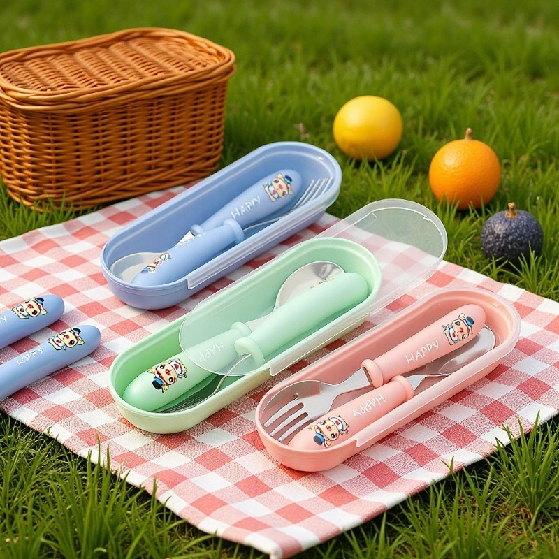 Stainless steel baby food supplement spoon plastic handle children's cartoon portable fork spoon baby learning to eat training tableware set
