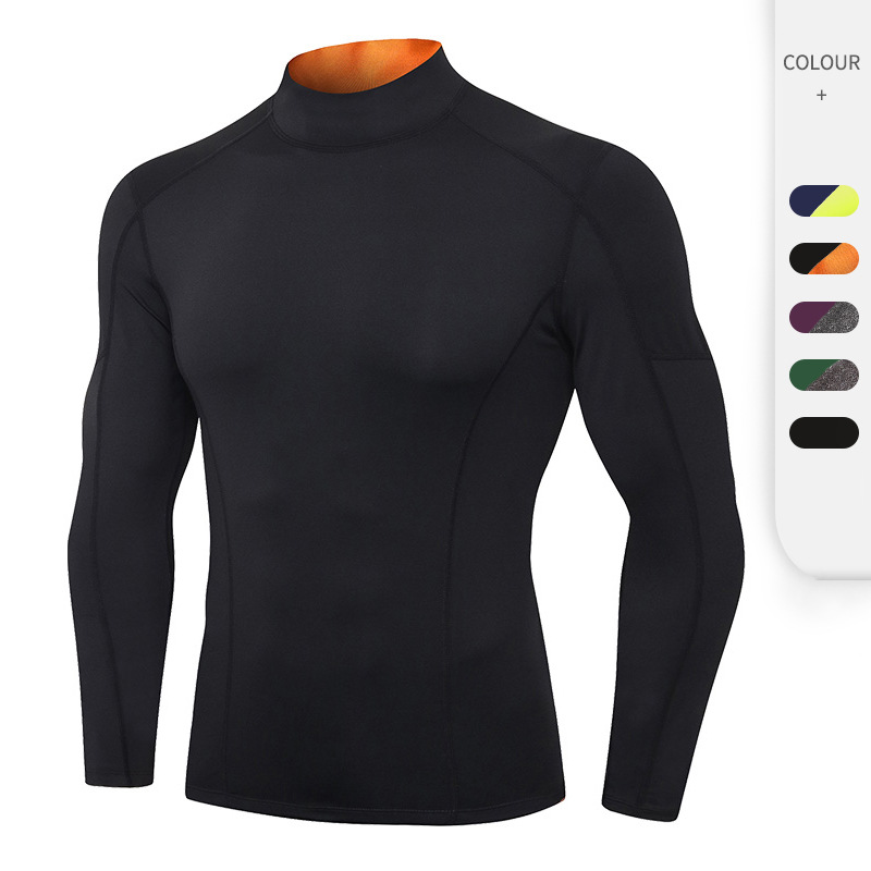 Men's Fitness Long-Sleeved High-Elastic Tight-Fitting Quick-Drying Running Training Clothes High-Neck Color-Blocked Sports Tops 01506