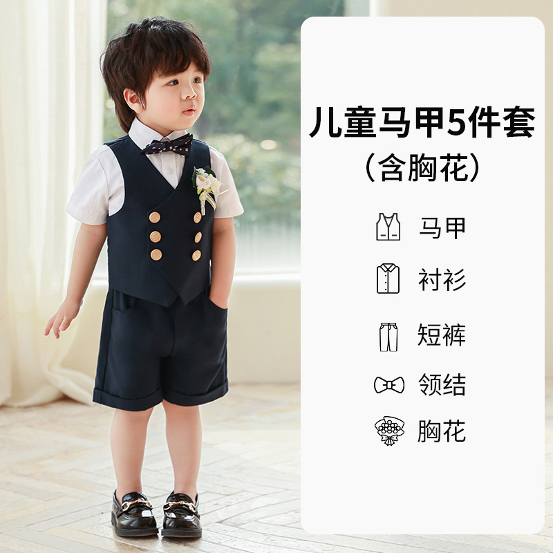 Traje de niño, chaleco, traje de manga corta, traje de actuación de estilo británico de verano, vestido de cumpleaños de bebé, niña de las flores