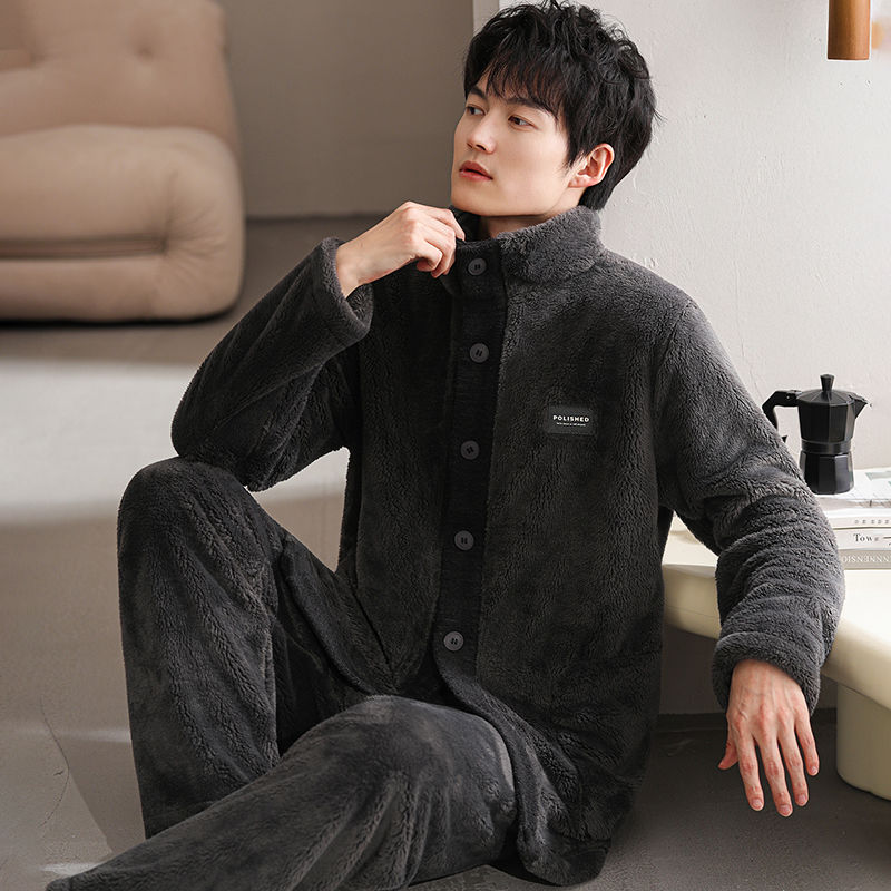 Thickened Pajamas That Can Be Worn Outside in Winter, Men's Suits, Coral Velvet Home Clothes, Cardigans, Zippers, Large Size Long-Sleeved Warm Winter Clothes