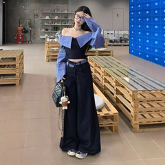 韩系小众辣妹套装春季新款一字肩条纹拼接短上衣港风设计感阔腿裤