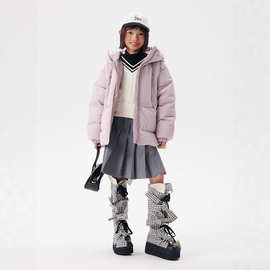 休闲甜美拉链连帽短款宽松加厚保暖女大童90绒羽绒服2026秋冬新款